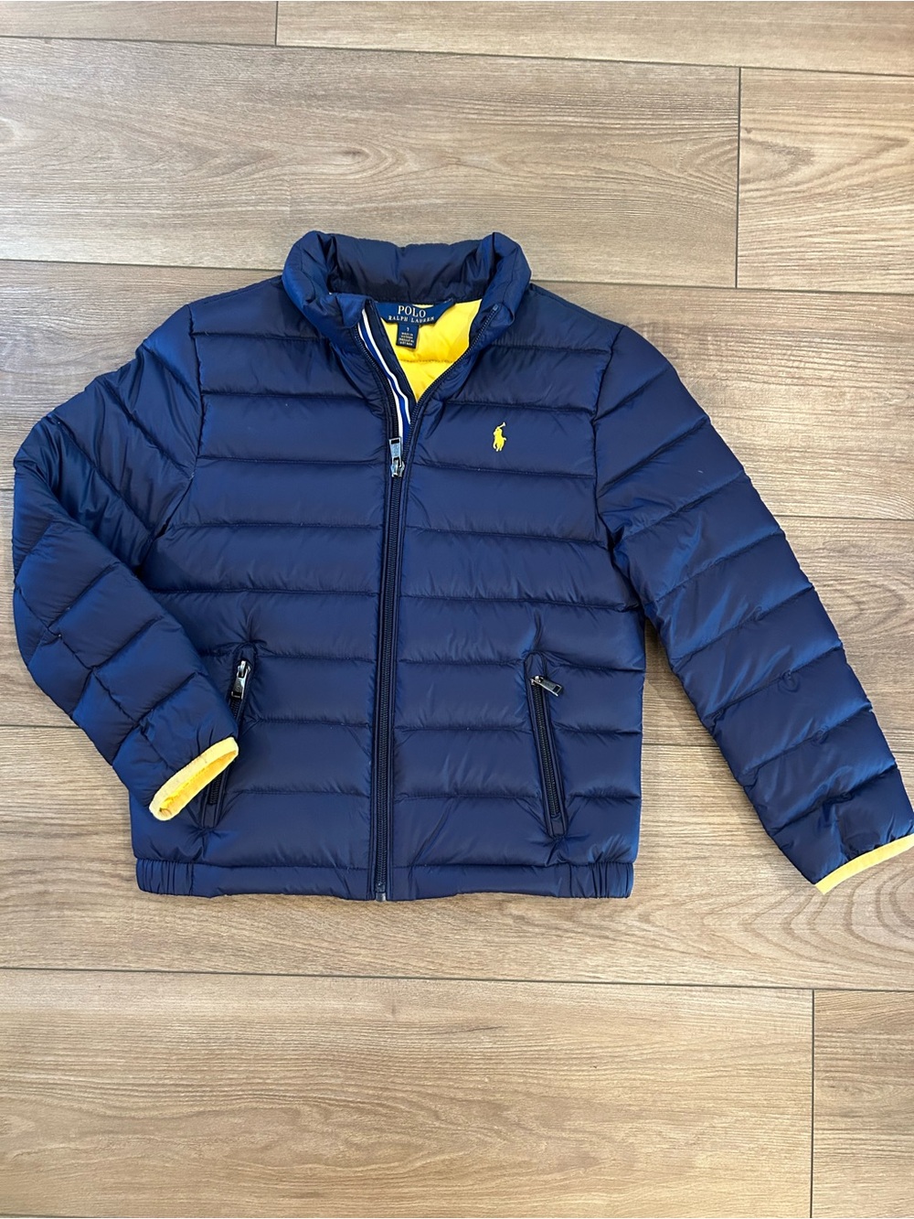 Polo Ralph Lauren Boys 7 Navy Down Puffer Jacket Yellow Lining